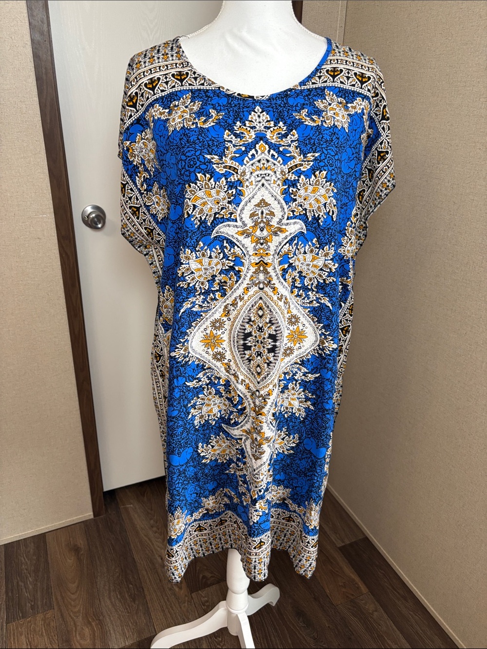 Blue Paisley Boho Kaftan Dress Side Slit Resort Flowy One Size Mediterranean